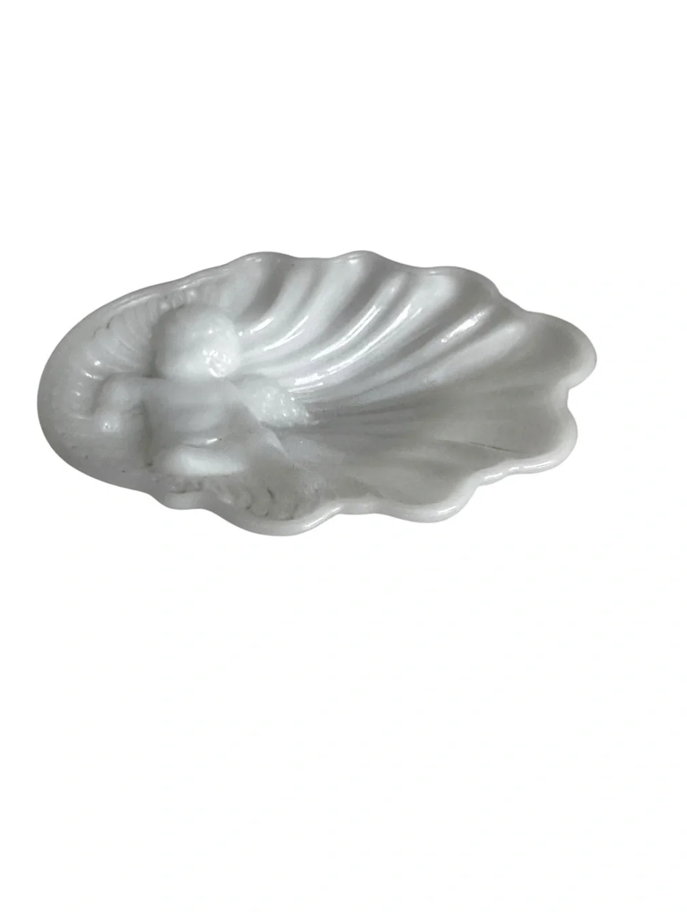 Vintage Avon White Milkglass Shell-Shaped Decorative Soap Dish with Cherub